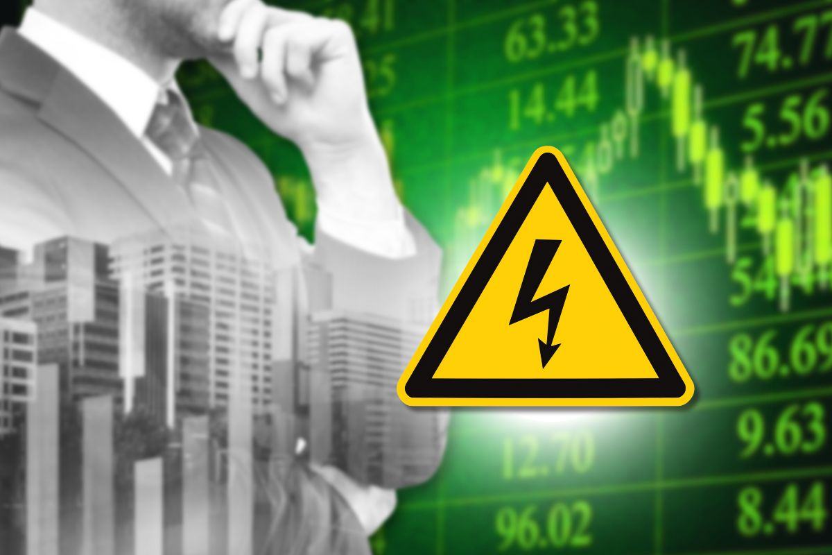 Grafico di trading, sagoma stilizzata e simbolo danger