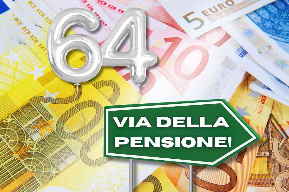 banconote euro, palloncini con 64 anni e cartello