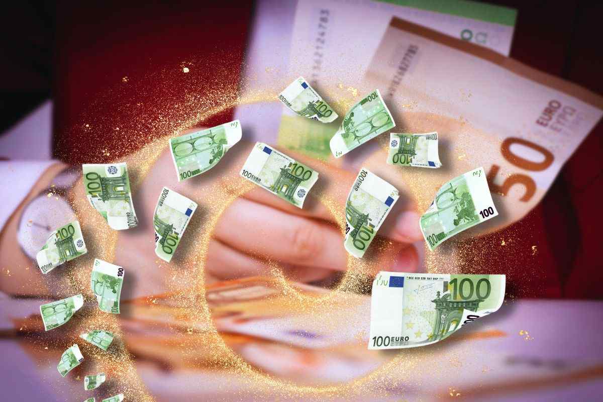 focus banconote euro volanti per assegno INPS e persona su sfondo