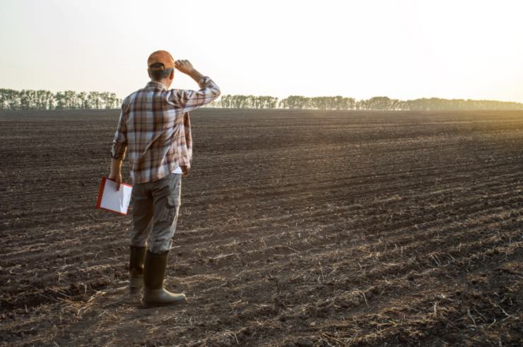 Agricoltore in mezzo a un campo 