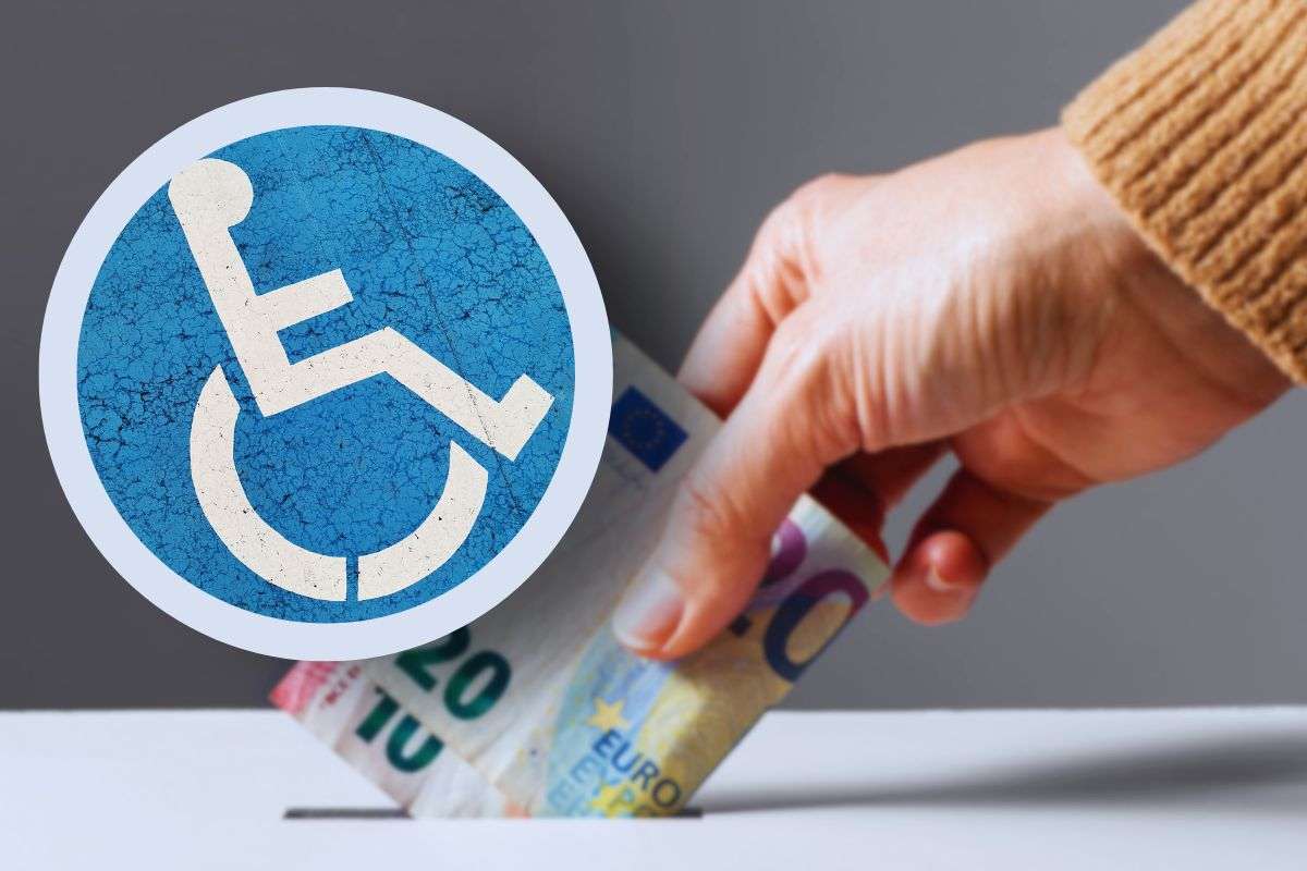 focus logo disabilità e sfondo con mano su banconote euro