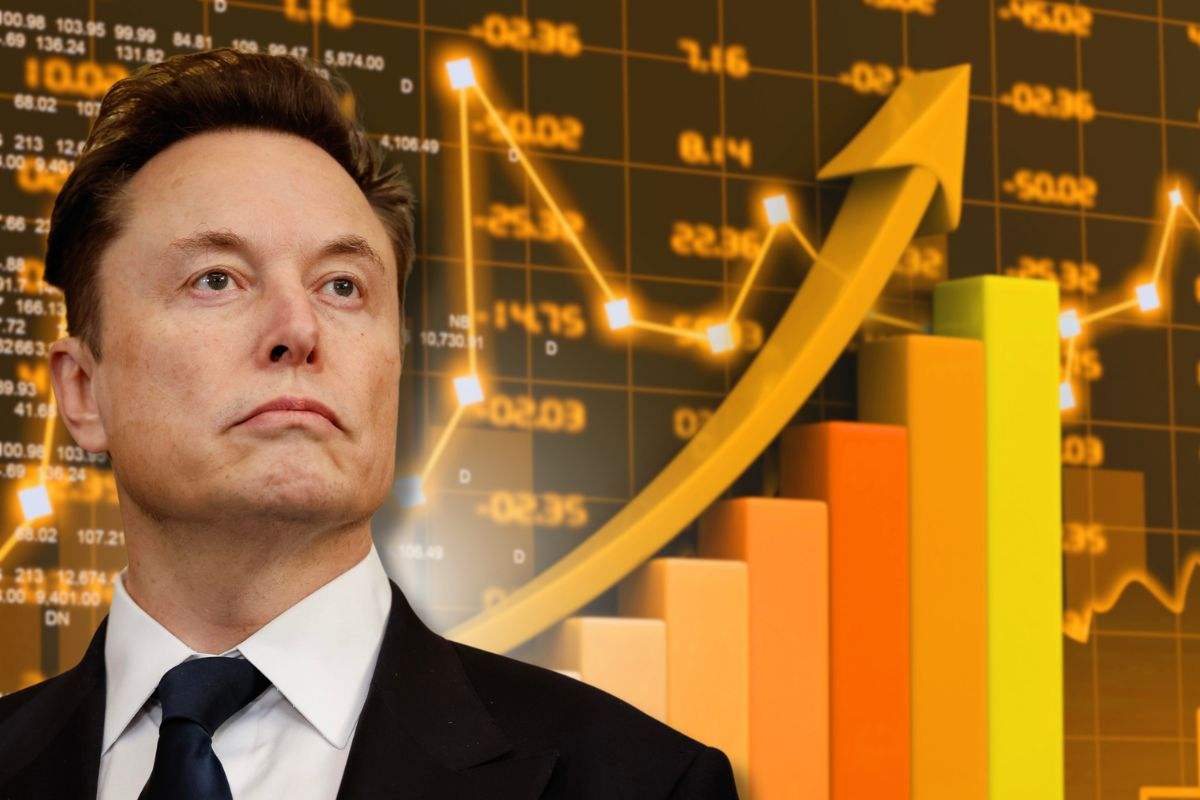 Elon Musk focus e sfondo grafico azioni Tesla