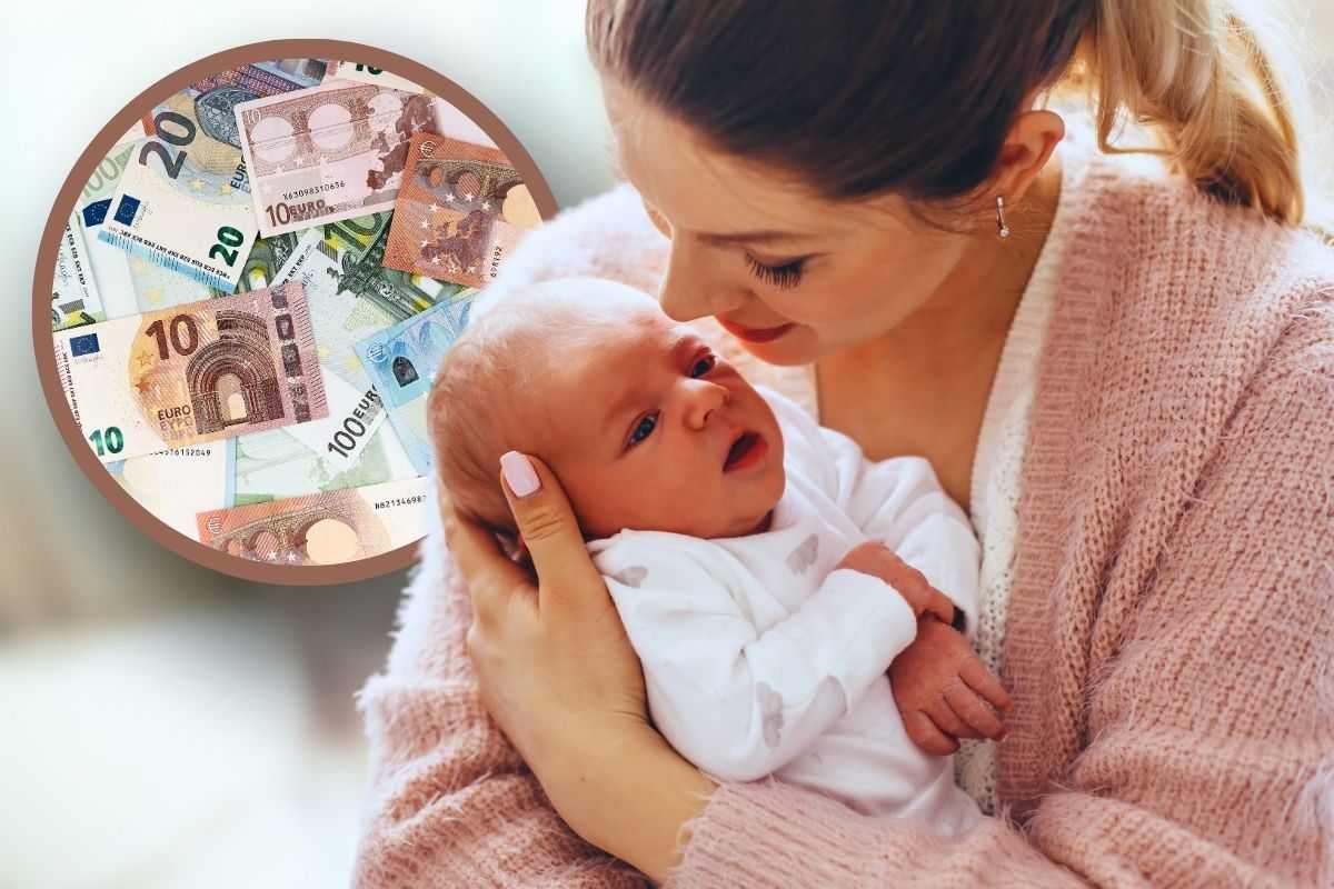 mamma con bambino in braccio focus e sfondo con bonus banconote euro