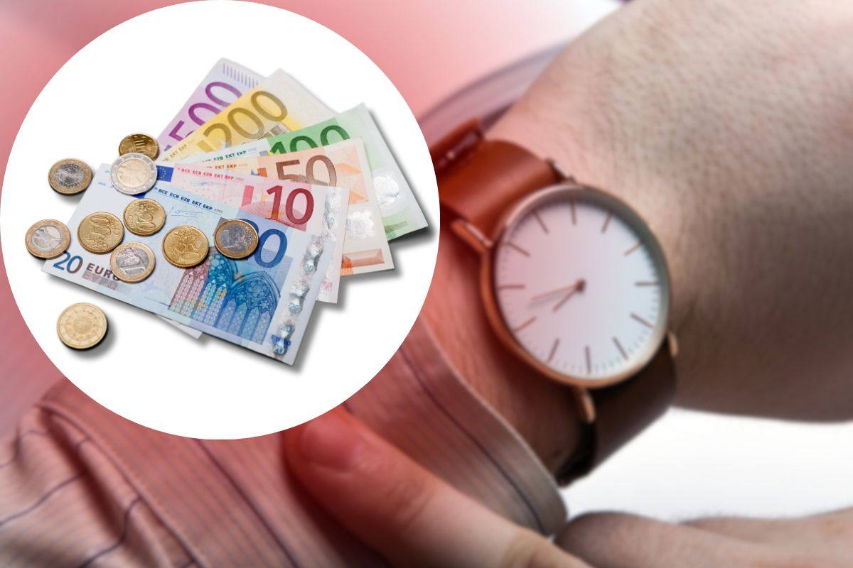 sfondo di polso che indica orologio e focus di monete e banconote euro in cerchio