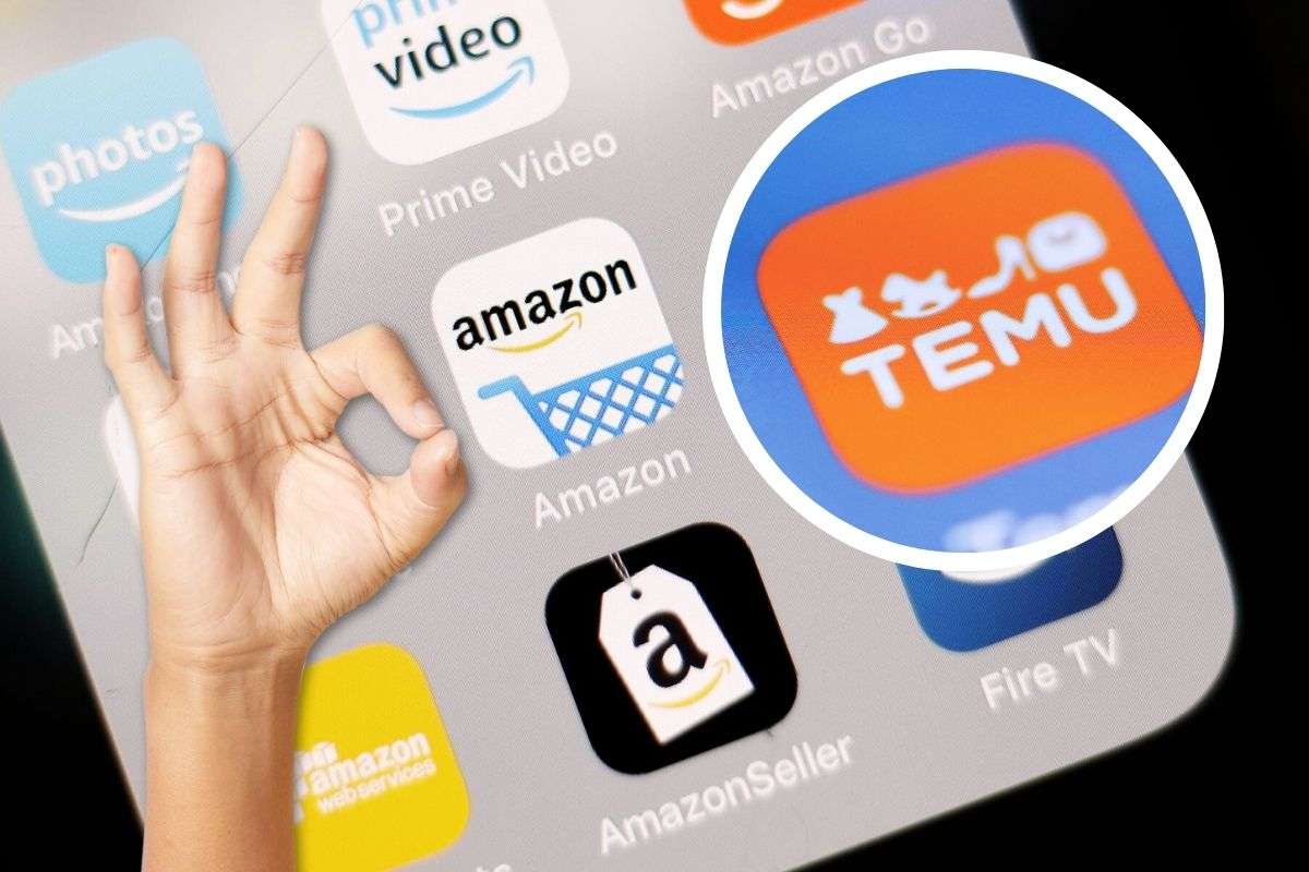 sfondo App di Amazon e Temu e mano che fa ok