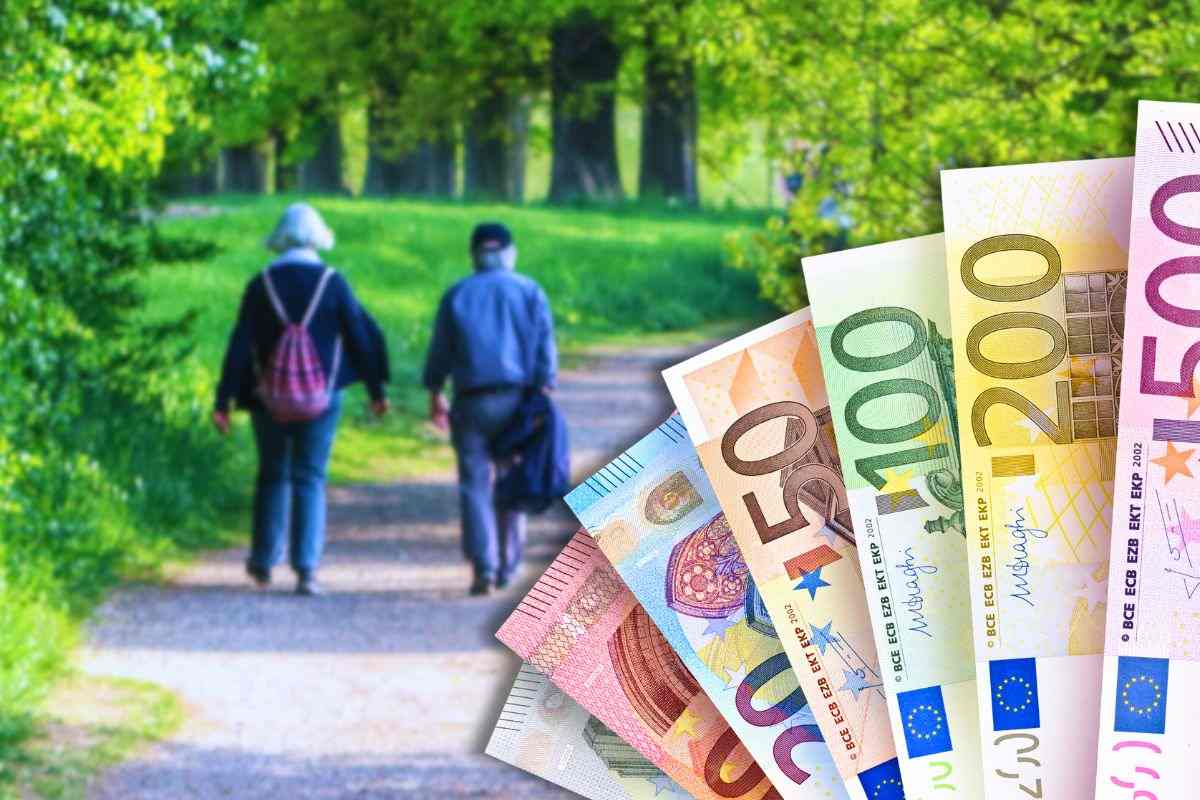 pensionati su sfondo che passeggiano e focus su banconote euro