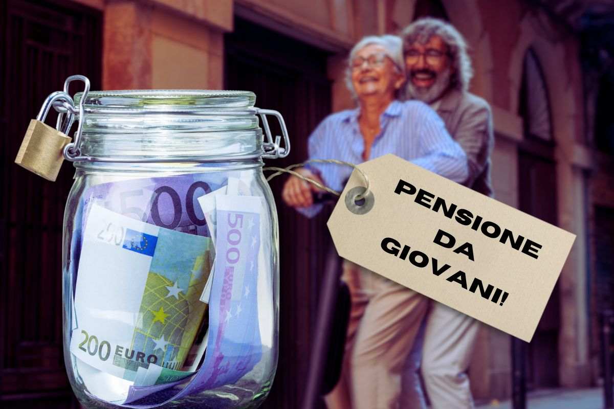 focus barattolo pieno di banconote euro con etichetta "pensione da giovani" e sfondo anziani su monopattino