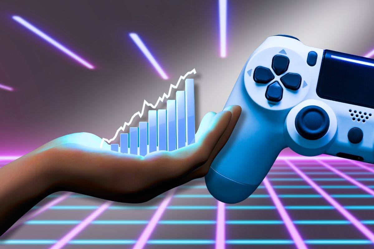 focus su investire grafico in crescita e joystick videogiochi e sfondo digitalizzato