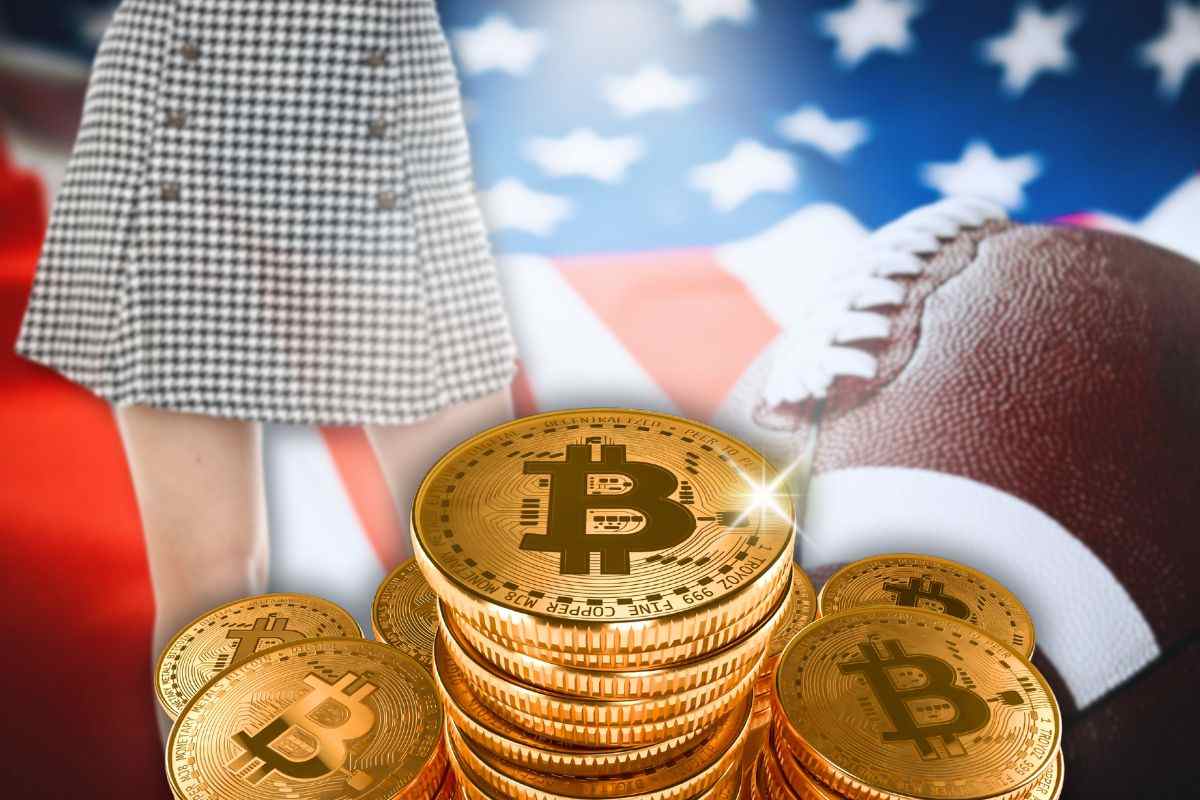 Super Bowl e lunghezza gonna donna su sfondo e focus criptovalute