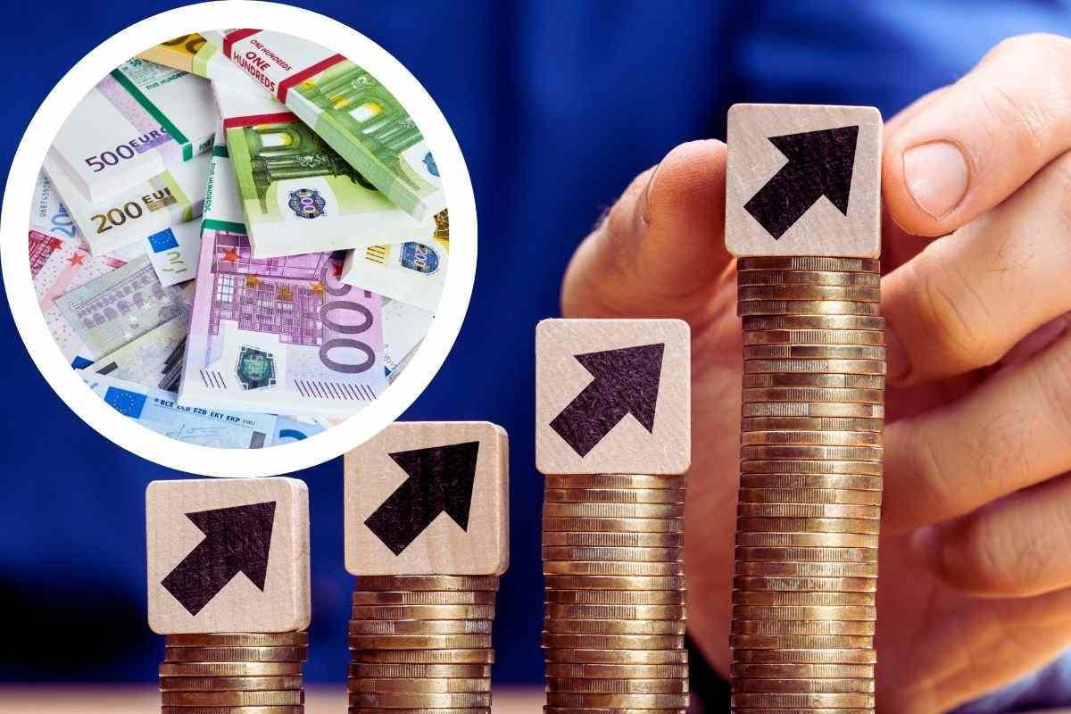 sfondo aumento pensione e focus su banconote euro