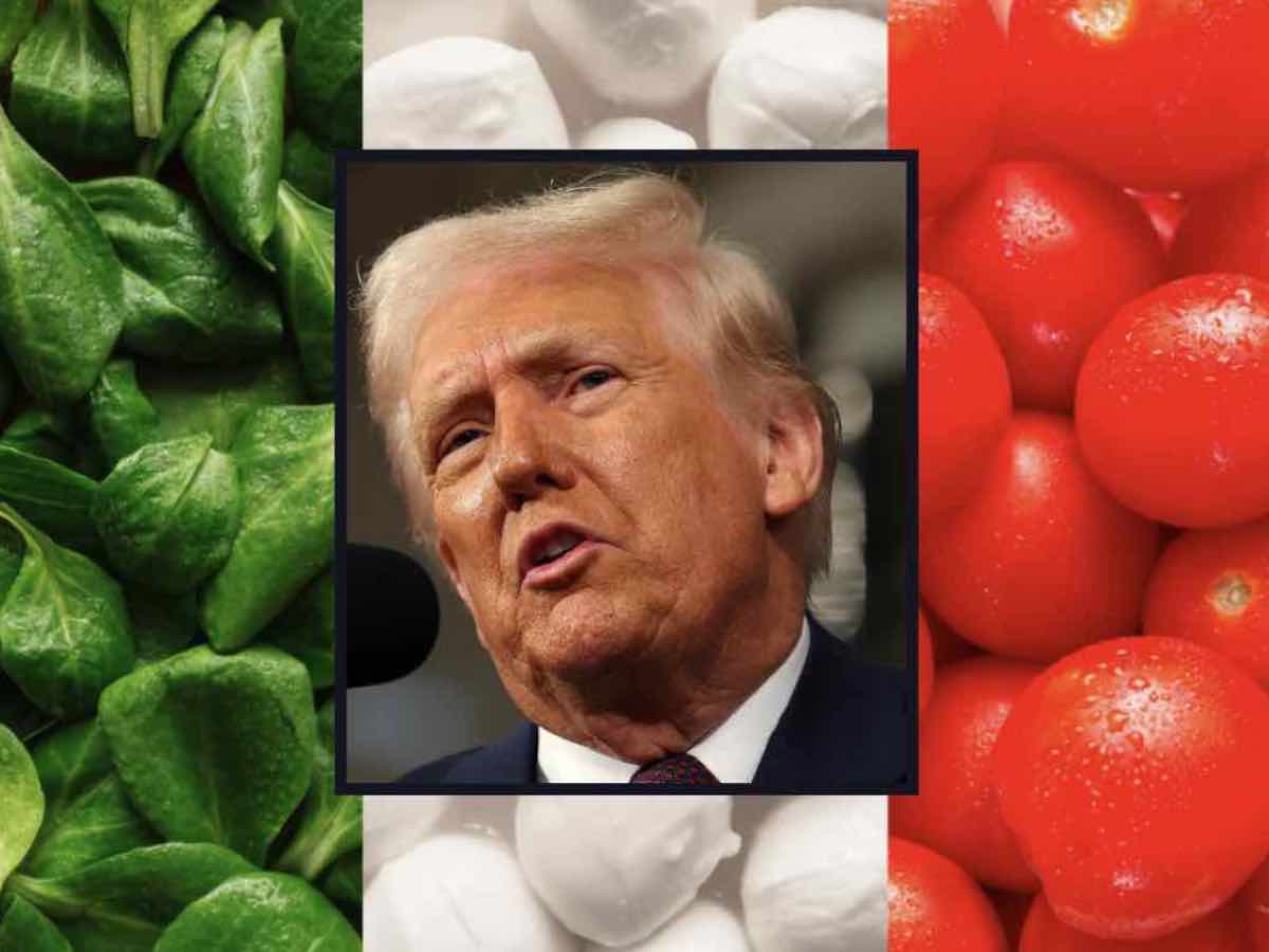 Donald Trump con lo sfondo della bandiera italiana fatta di cibi 