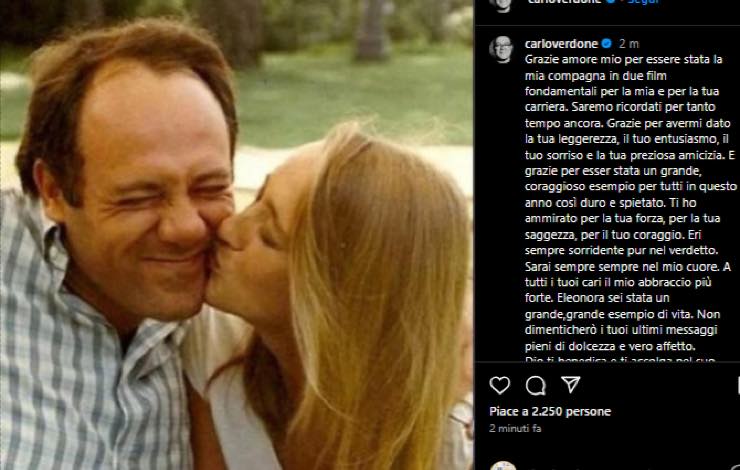 Carlo Verdone con Eleonora Giorgi da giovani: il post di addio su Instagram 