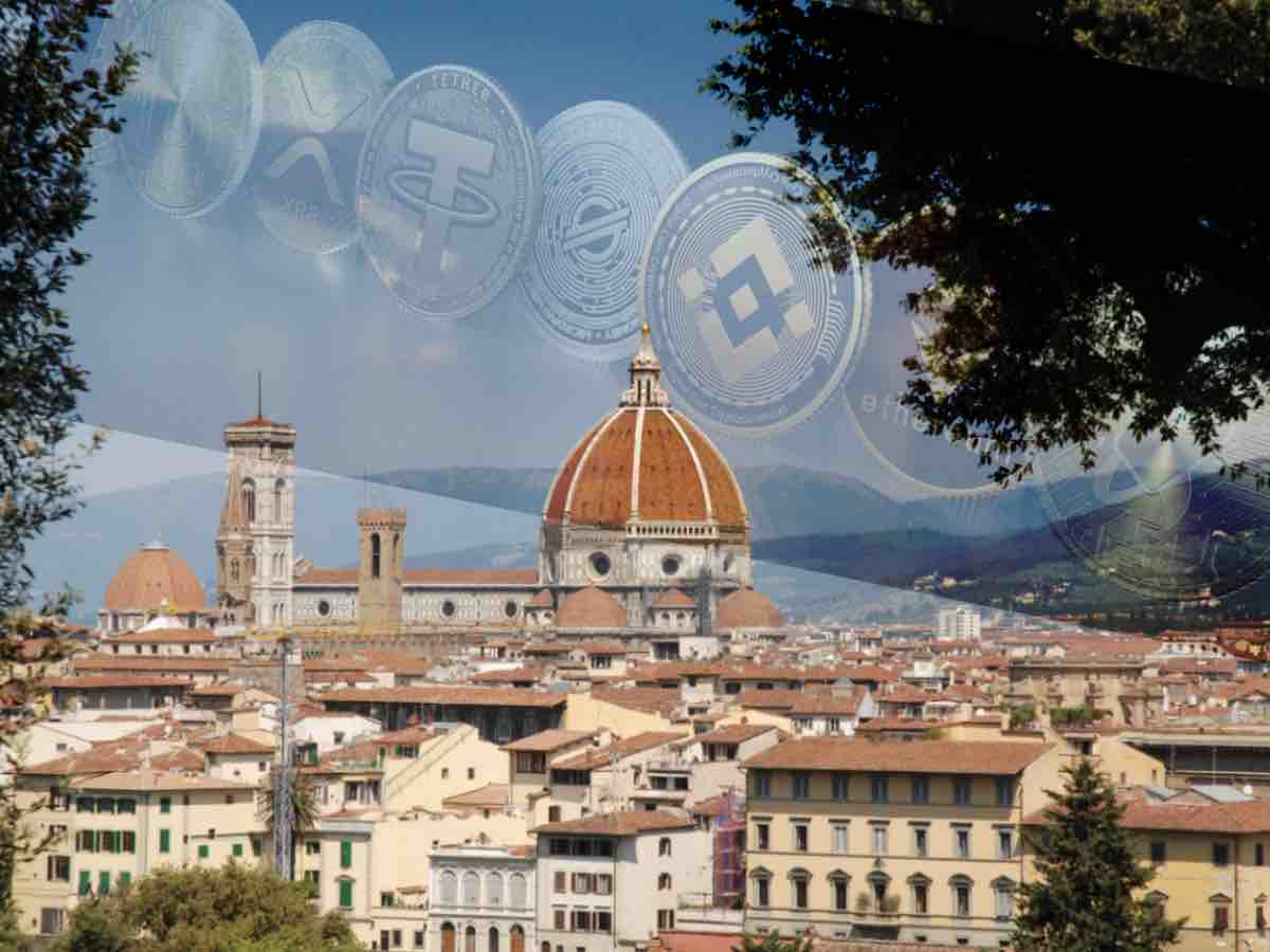 Firenze con lo sfondo di tutte le criptovalute 