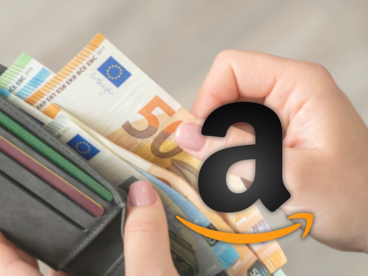 sfondo con portafoglio e banconote euro e logo di Amazon