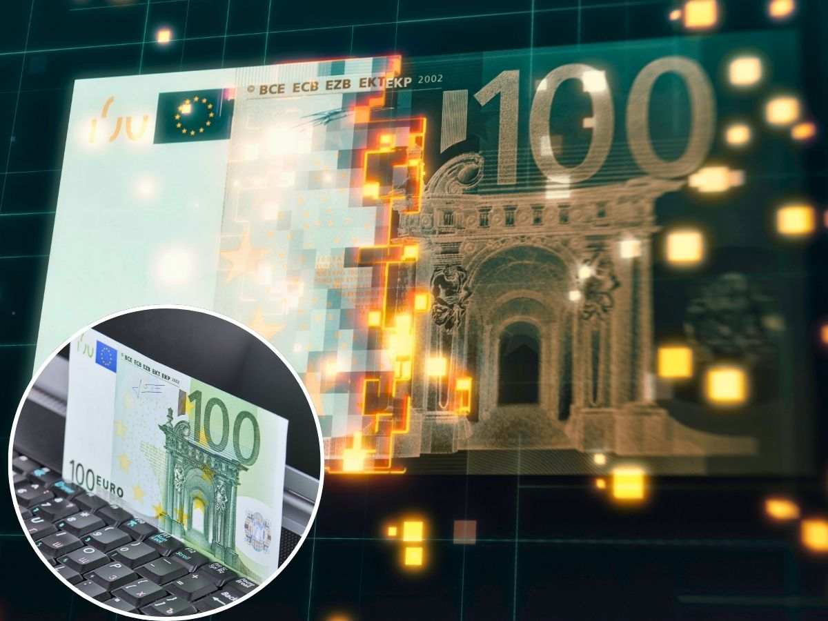 sfondo banconota 100 euro virtuale e tondo con banconota e pc