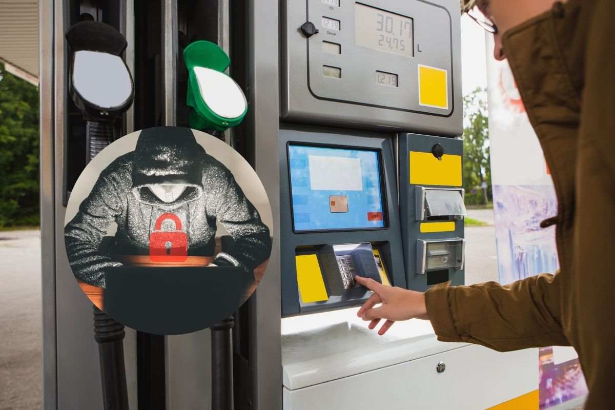 uomo che paga bancomat self service benzina e nel riquadro truffatore al pc